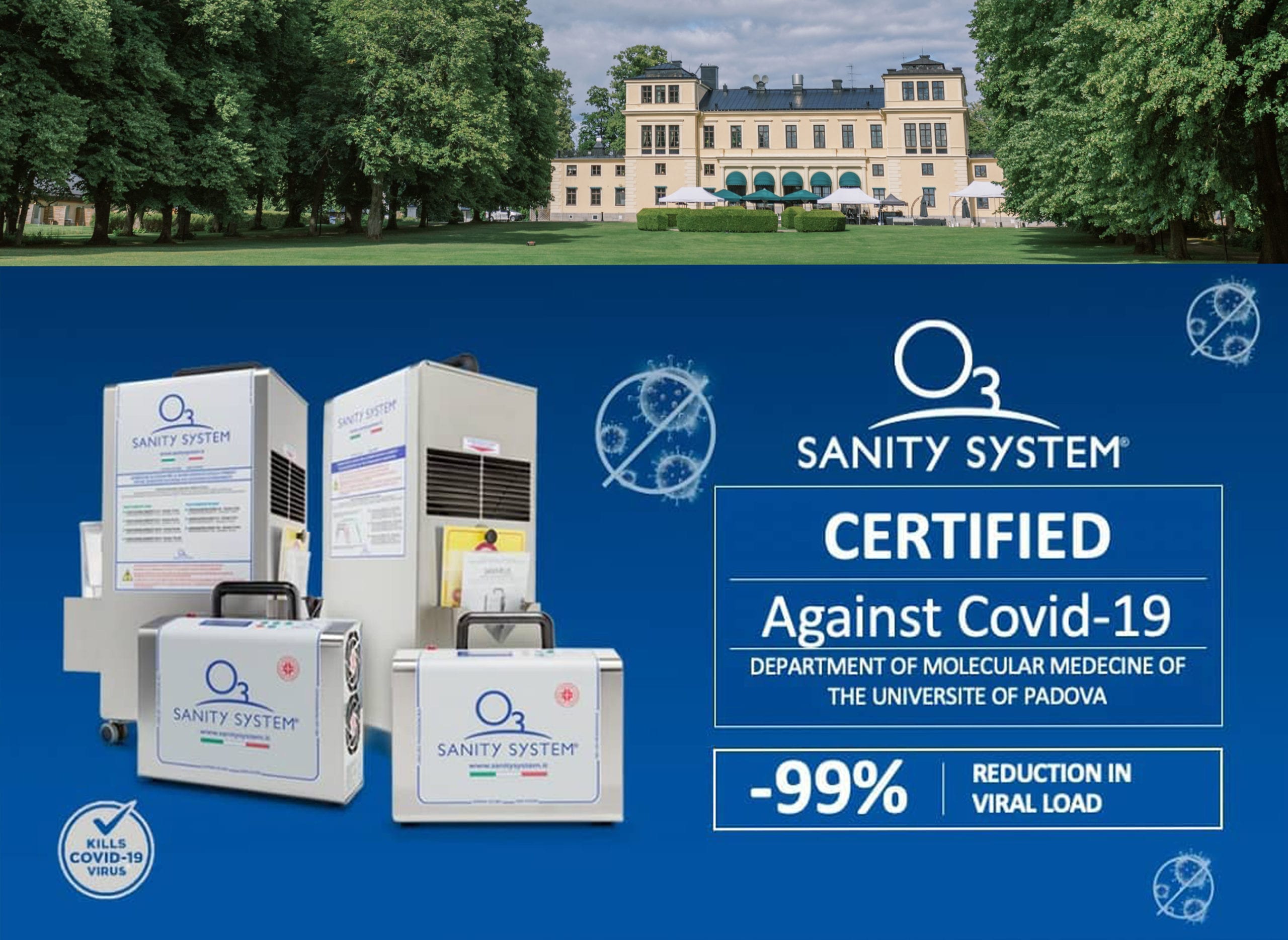 Bild på Sanity systems produkter samt slottsbild